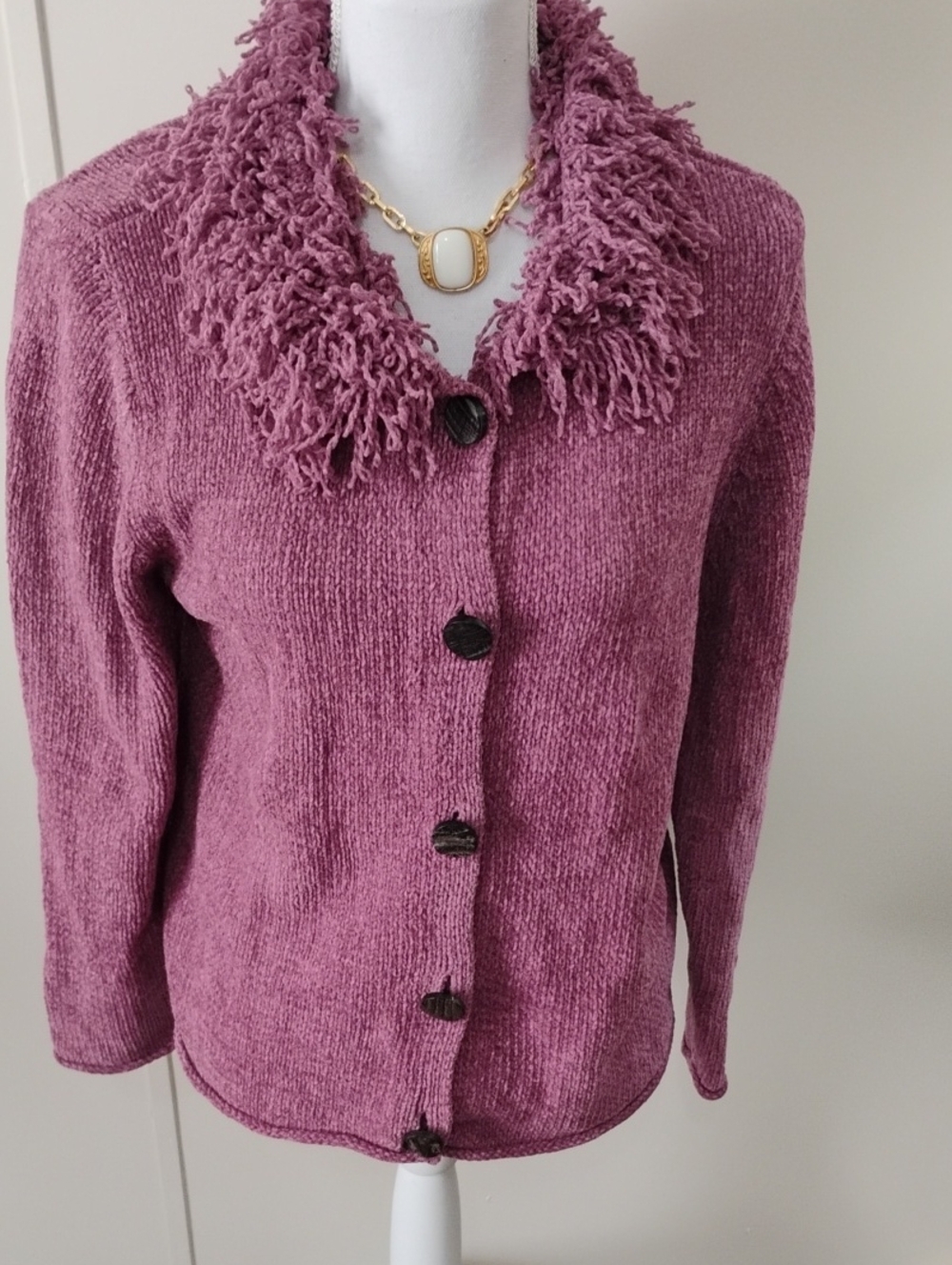 Curio Fringed Collar Knit Cardigan in Dusty Mauve